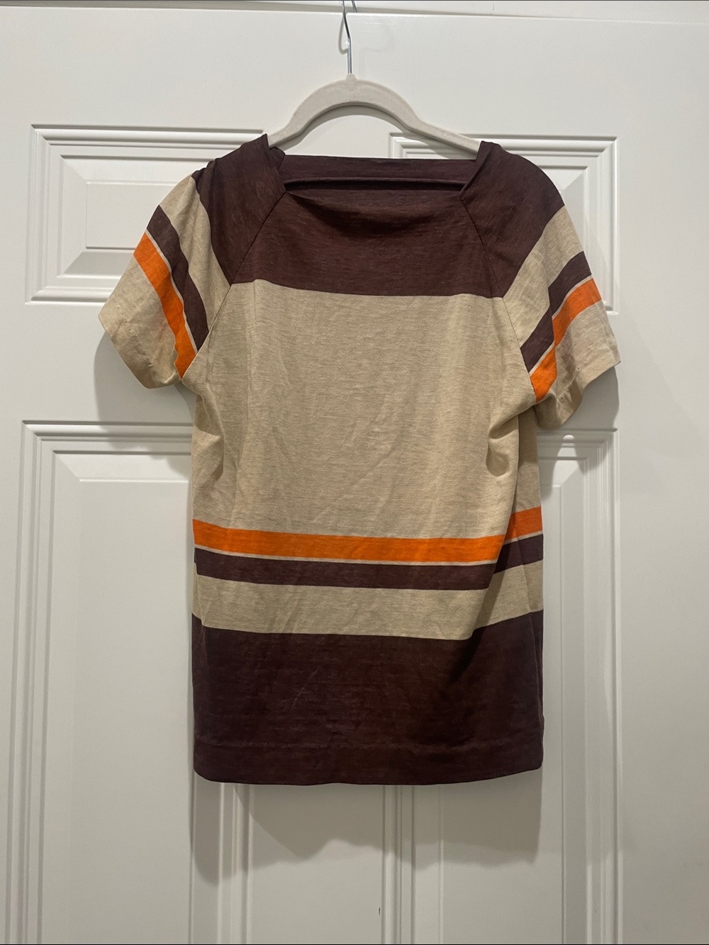 Vintage 1970’s Women's Short-Sleeve Striped Tee in Brown, Cream & Orange